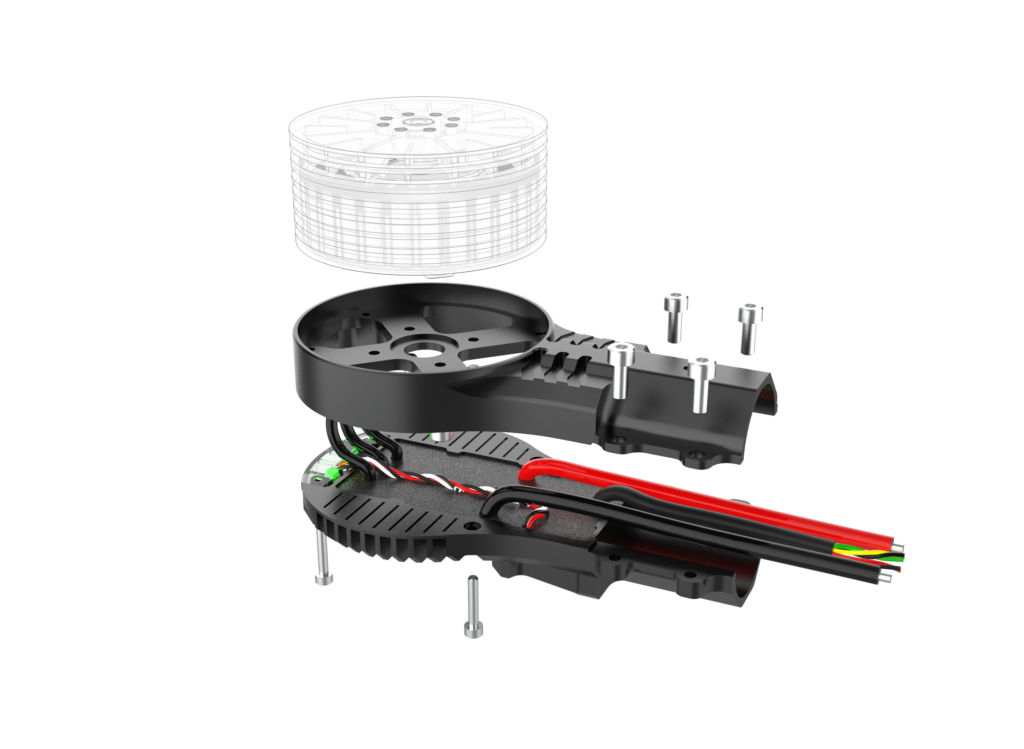 Exploded view of a Reflex Drive motor integrated with an ESC and IPU base